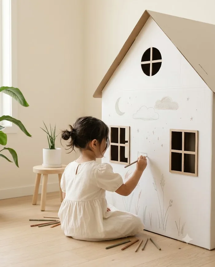 Seorang anak menggambar bulan dan awan di dinding rumah kertas putih dengan pensil warna